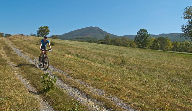 A person biking on a gravel path through a grassy field with a mountain in the background under a clear blue sky. Massanutten Western Slope mountain bike trail.