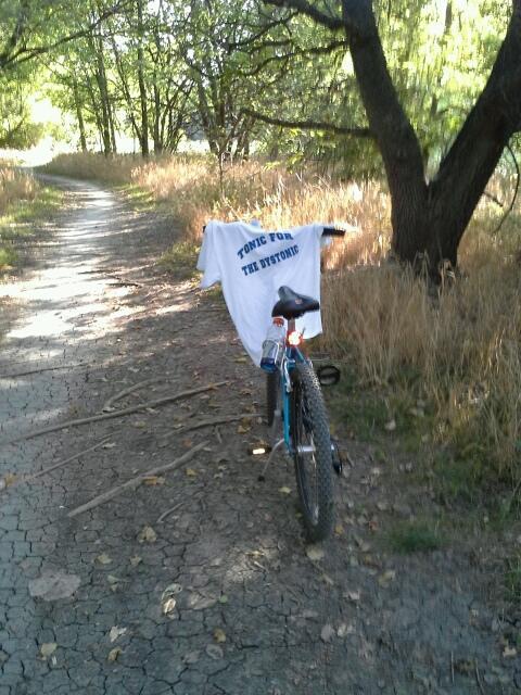 A mountain bike resting on a dirt path, with a white T-shirt draped over the handlebars displaying the text "TONIC FOR THE DISTORTED." Surrounding the bike is tall grass and trees, indicating a natural, outdoor setting. Rowlett Creek Preserve mountain bike trail.