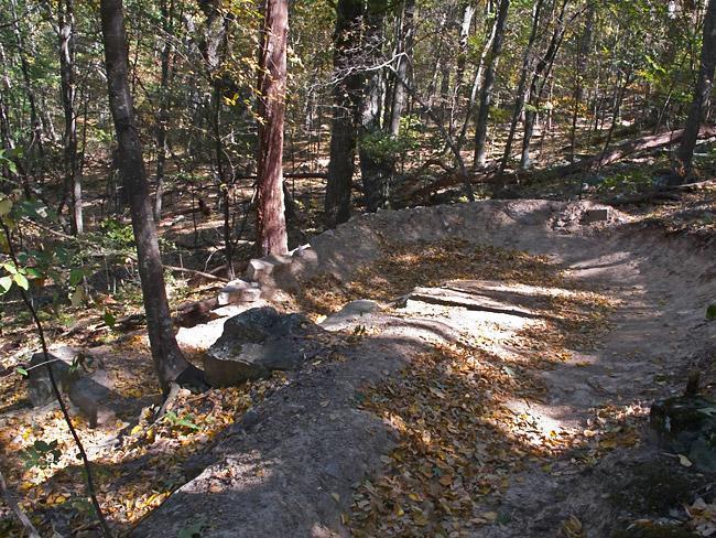 A winding dirt trail covered with fallen leaves, surrounded by trees in a wooded area. The path is lined with rocks and has sections that appear to be worn or uneven, indicating use by hikers. Natural sunlight filters through the canopy, casting dappled light on the trail. Massanutten Western Slope mountain bike trail.