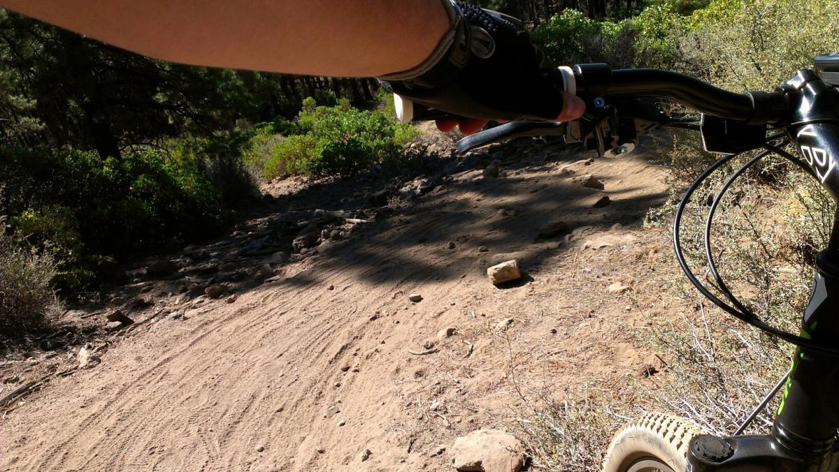 A close-up view of a mountain bike handlebar with a gloved hand positioned on the grips, set against a rocky dirt trail surrounded by green vegetation and trees. Phil's Area mountain bike trail.