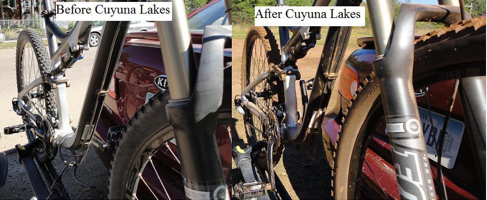 A side-by-side comparison of a mountain bike before and after a ride at Cuyuna Lakes. The image shows the bike's frame, wheels, and components, highlighting the difference in appearance due to dirt and wear from the trail experience. A car is partially visible in the background, further contextualizing the setting. Cuyuna Lakes mountain bike trail.