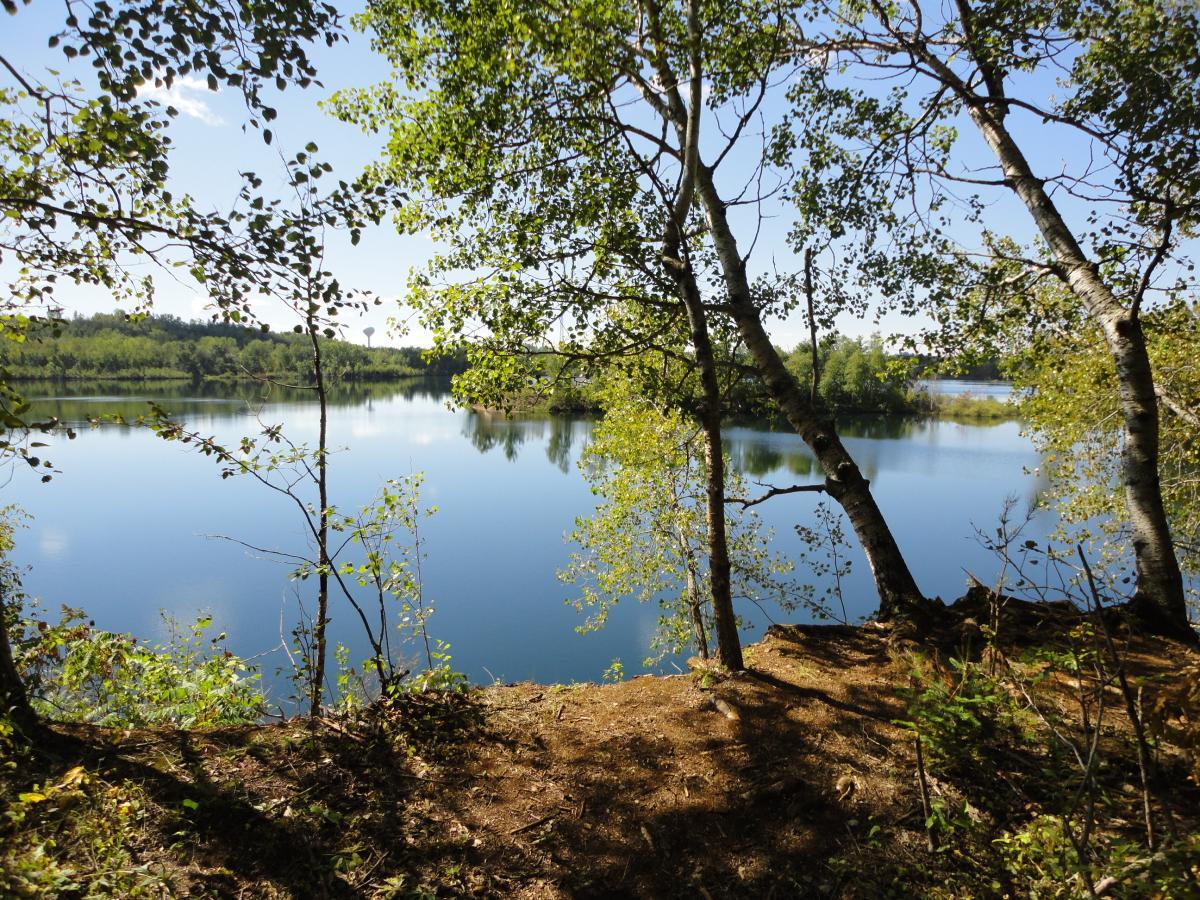 A serene view of a calm lake surrounded by lush greenery and trees, with clear blue skies reflecting on the water's surface. The scene captures the tranquility of nature. Cuyuna Lakes mountain bike trail.