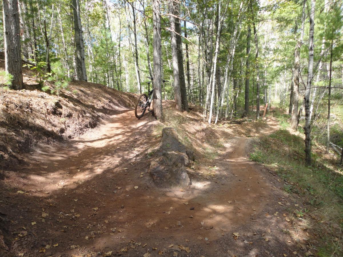 A winding dirt trail through a forested area, flanked by tall trees. A mountain bike with one wheel lifted, positioned beside a large rock in the middle of the path, suggesting a moment of pause. Sunlight filters through the leaves, creating a dappled light effect on the ground. Cuyuna Lakes mountain bike trail.