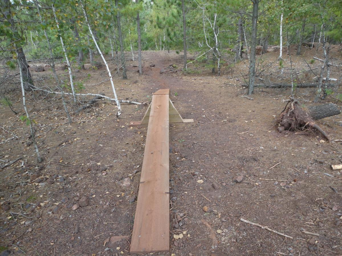 A wooden plank bridge extending over a dirt path in a forested area, surrounded by trees and scattered leaves. The scene depicts a natural, rustic setting with a clear path leading into the woods. Cuyuna Lakes mountain bike trail.