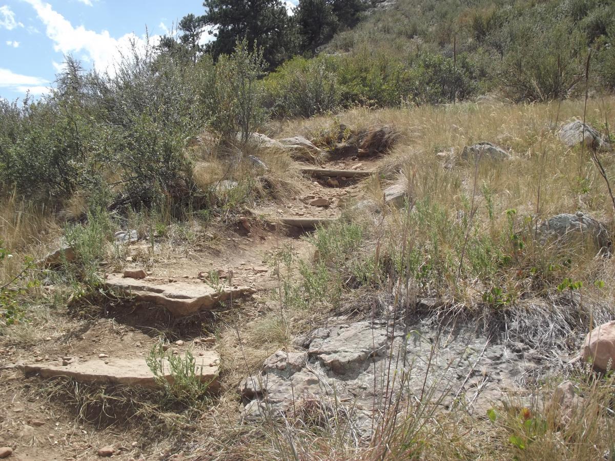 A dirt hiking trail with wooden steps leads upward through grassy terrain, surrounded by shrubs and rocks under a partly cloudy sky. Foothills Trail mountain bike trail.