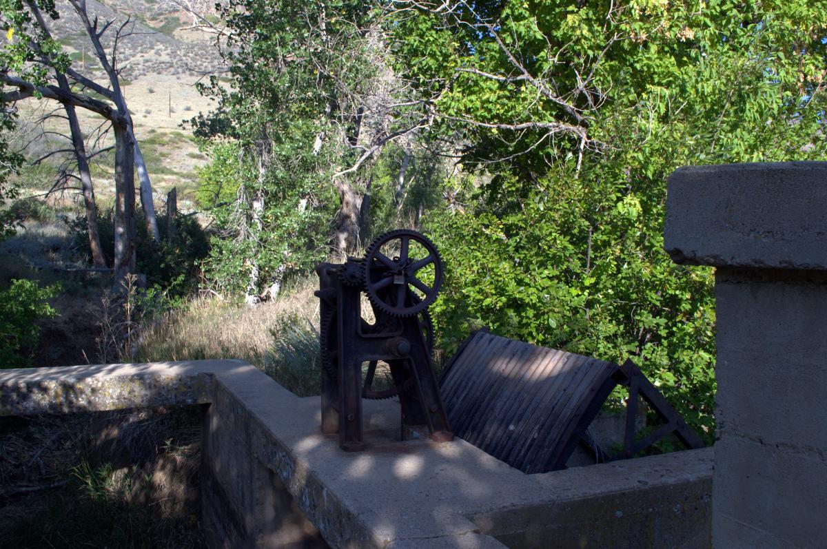 An old machinery piece sits on a concrete platform surrounded by lush greenery, with trees in the background and a wooden structure partially visible. Chimney Gulch mountain bike trail.