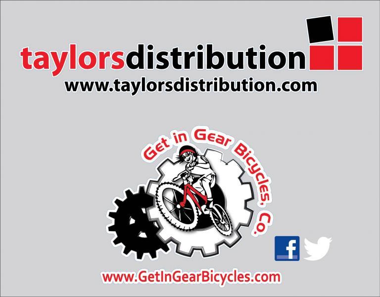 Logo design featuring "taylorsdistribution" at the top with a website link, and a "Get in Gear Bicycles" logo below, depicting a cyclist riding a bike with a gear symbol. Social media icons for Facebook and Twitter are also included. The background is a light gray color.