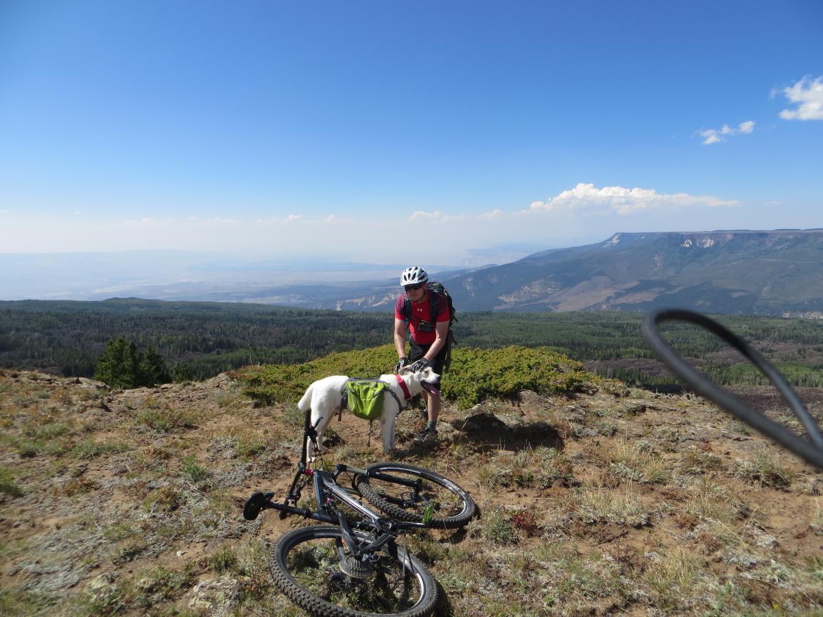 A person wearing a helmet and biking gear kneels beside a bicycle on a rocky mountain terrain, with a dog in a harness nearby. In the background, there is a panoramic view of valleys and hills under a blue sky with scattered clouds. West Bench Trail mountain bike trail.