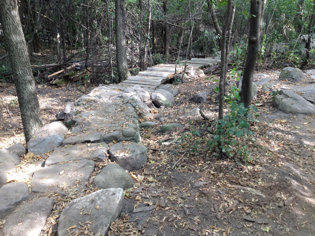 A natural trail pathway in a wooded area, featuring a wooden bridge crossing over a rocky terrain. Surrounding the path are trees and scattered leaves, with both large and small stones lining the route. Elm Creek Park mountain bike trail.
