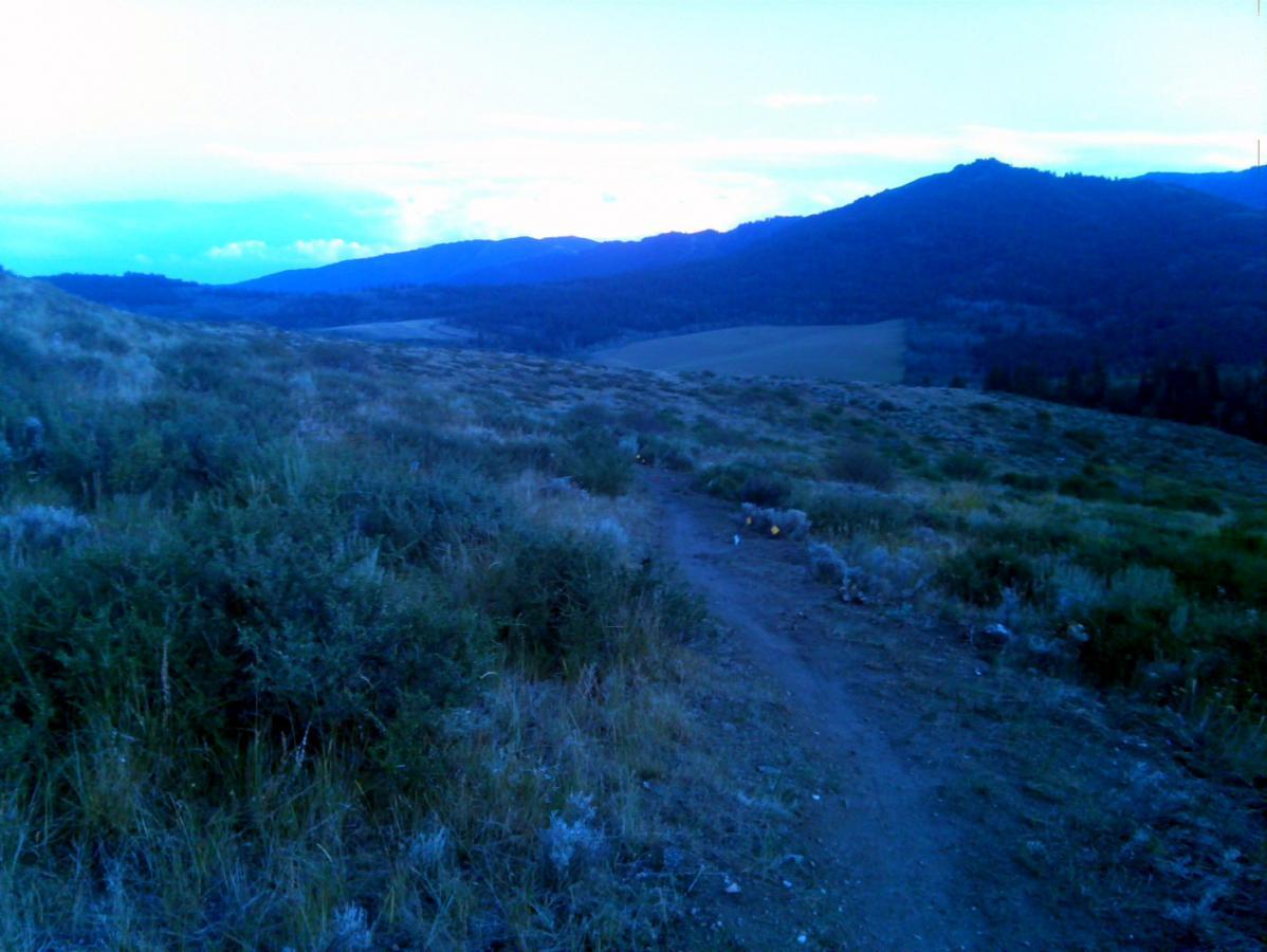 A winding dirt path traverses a hillside covered with grass and shrubs, leading into a lush valley framed by distant mountains under a twilight sky. Southbound mountain bike trail.
