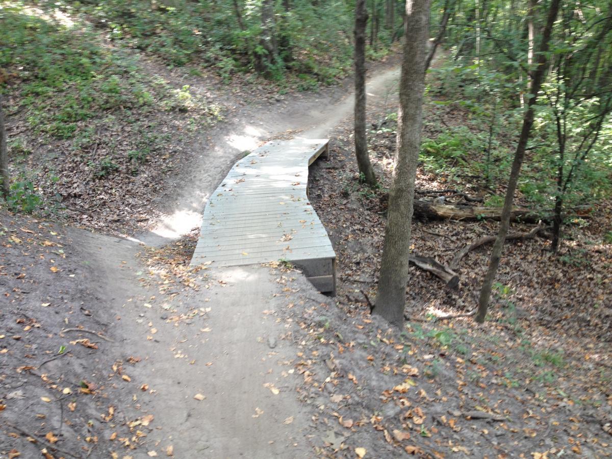 A wooden bridge spanning a narrow path through a wooded area, surrounded by trees and foliage, with a dirt trail on either side and scattered leaves on the ground. Elm Creek Park mountain bike trail.