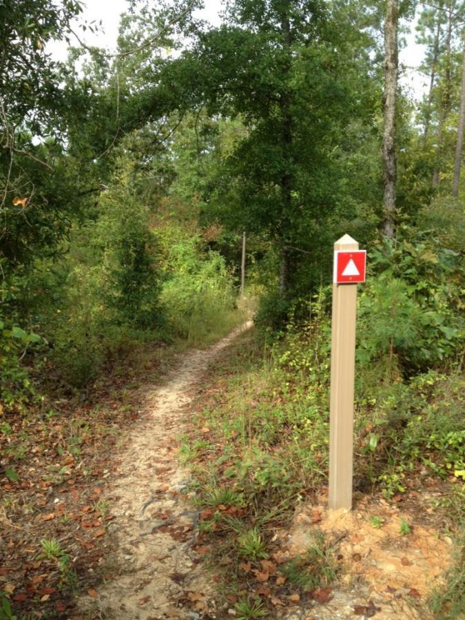 A winding dirt path through a wooded area, flanked by greenery and trees. A trail marker with a red triangle is positioned on the right side of the path, indicating direction or information about the trail. Arrowhead Park mountain bike trail.