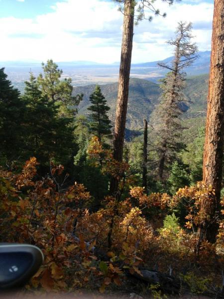 A scenic view of a forested mountain landscape, featuring tall trees and colorful autumn foliage. In the foreground, vibrant orange and yellow leaves contrast with the rich greens of the surrounding trees. The background provides a glimpse of distant mountains and valleys under a partly cloudy sky. South Boundary (164) mountain bike trail.