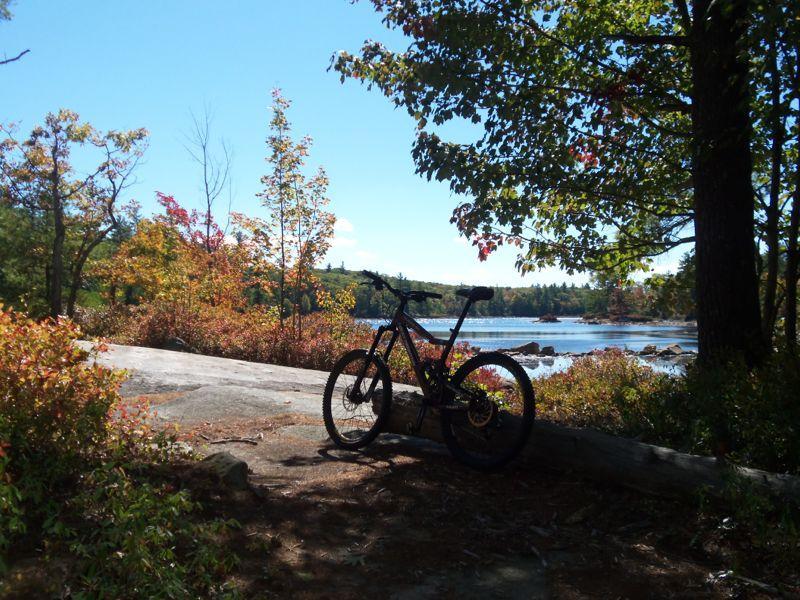 A mountain bike resting on a rocky surface, surrounded by vibrant autumn foliage and trees, with a tranquil lake visible in the background under a clear blue sky. Bear Brook mountain bike trail.