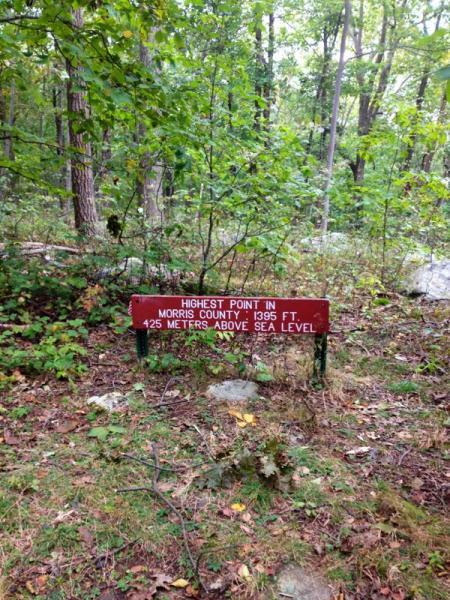 A sign in a wooded area that reads "Highest Point in Morris County 1395 ft. 425 meters above sea level," surrounded by trees and foliage. Mahlon Dickerson mountain bike trail.