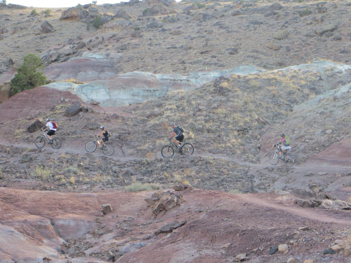 Five cyclists ride along a rocky trail in a rugged, arid landscape featuring colorful, layered hills. The terrain is dusty, with sparse vegetation, and the sun casts a warm light on the scene. Pet - A - Kes mountain bike trail.