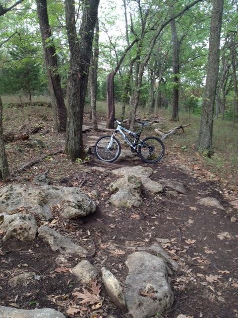 A mountain bike leaning against a tree on a rocky trail surrounded by trees and greenery. The path is dirt and lined with various sized rocks, indicating a natural outdoor setting. Shawnee Mission Park mountain bike trail.