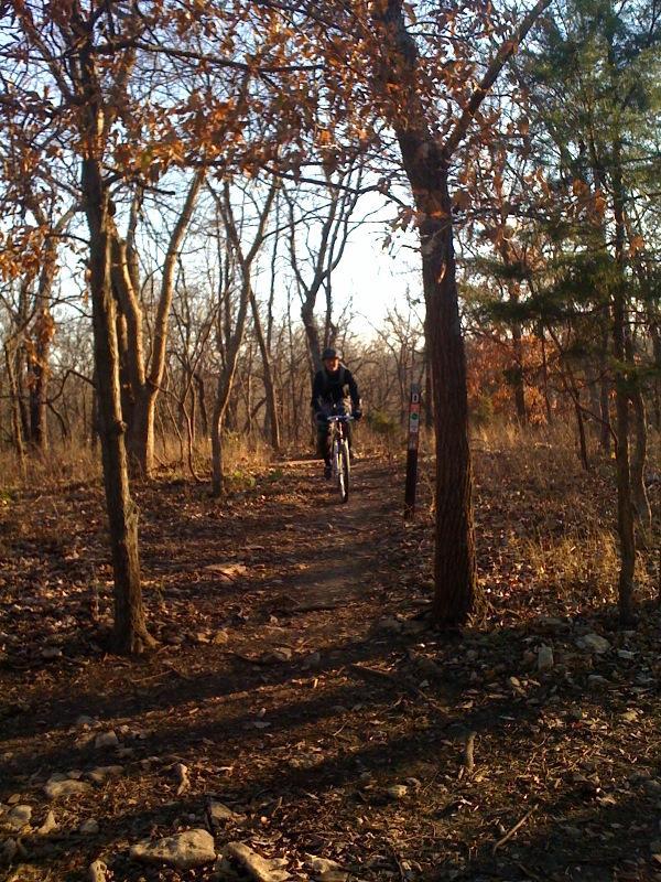 A cyclist riding a mountain bike along a dirt trail surrounded by trees, with fallen leaves on the ground and a clear sky in the background. Shawnee Mission Park mountain bike trail.