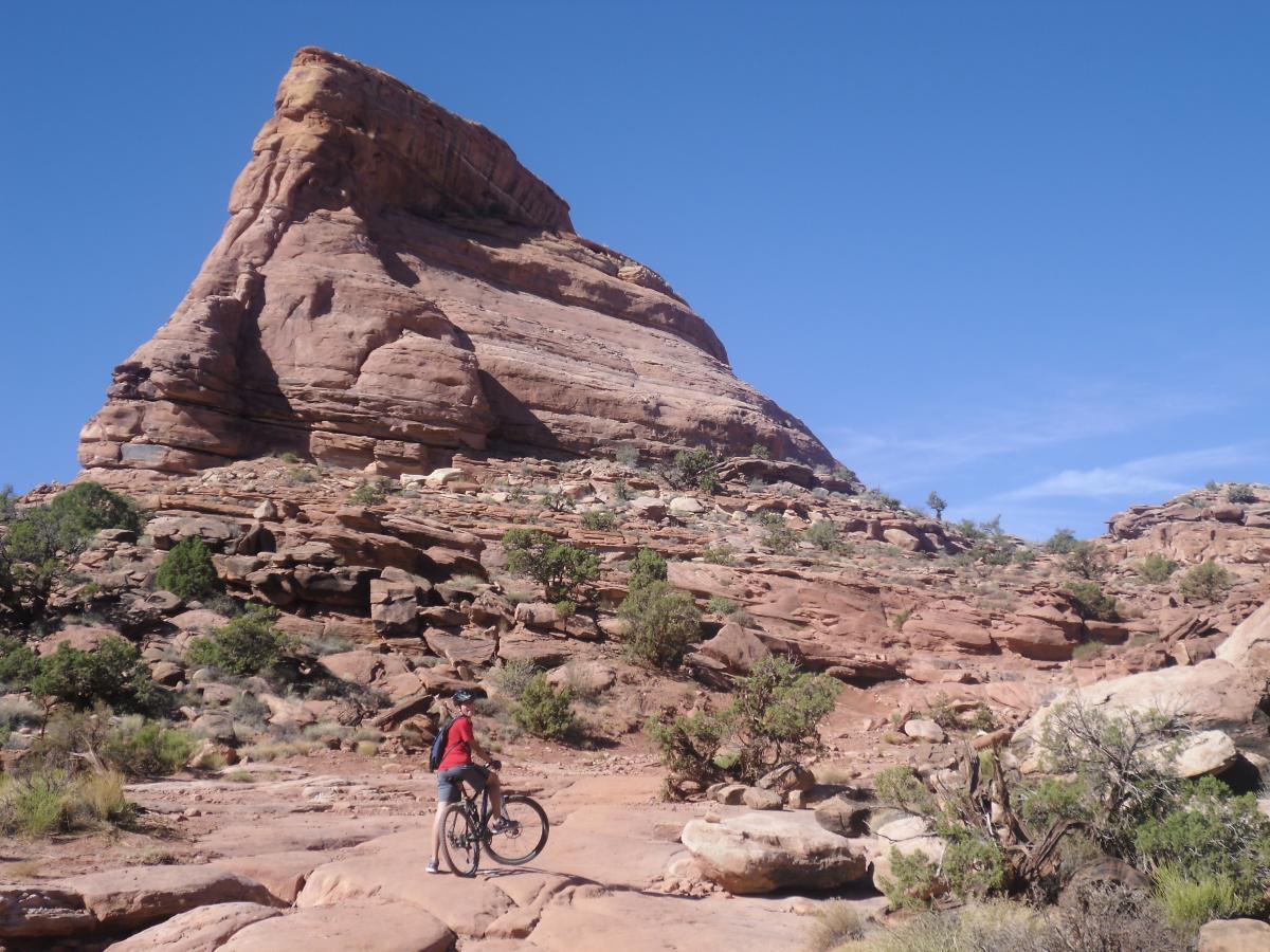 A cyclist pauses on a rocky trail in a desert landscape, with a large, unique rock formation in the background under a clear blue sky. The terrain features reddish rocks and scattered vegetation typical of the area. Amasa Back Trail mountain bike trail.