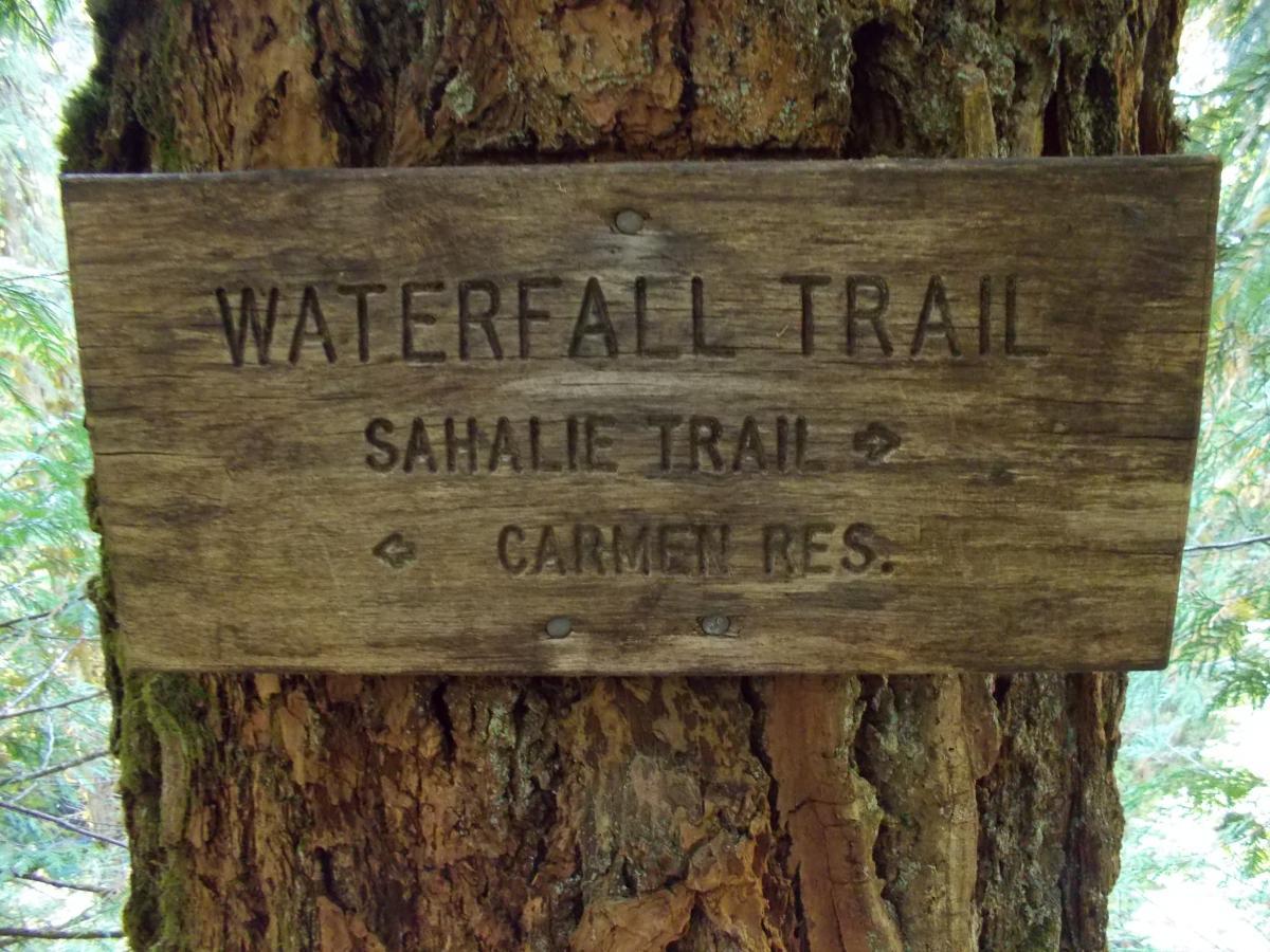 A wooden trail sign affixed to a tree, reading "WATERFALL TRAIL" at the top, with arrows pointing towards "SAHALIE TRAIL" on the left and "CARMEN RES." on the right. The background features lush green foliage typical of a forested area. Mckenzie River Trail mountain bike trail.