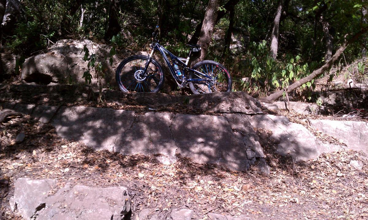 A mountain bike is parked on a rocky terrain surrounded by trees, with fallen leaves scattered on the ground. The scene is illuminated by sunlight filtering through the foliage. Salado Creek mountain bike trail.