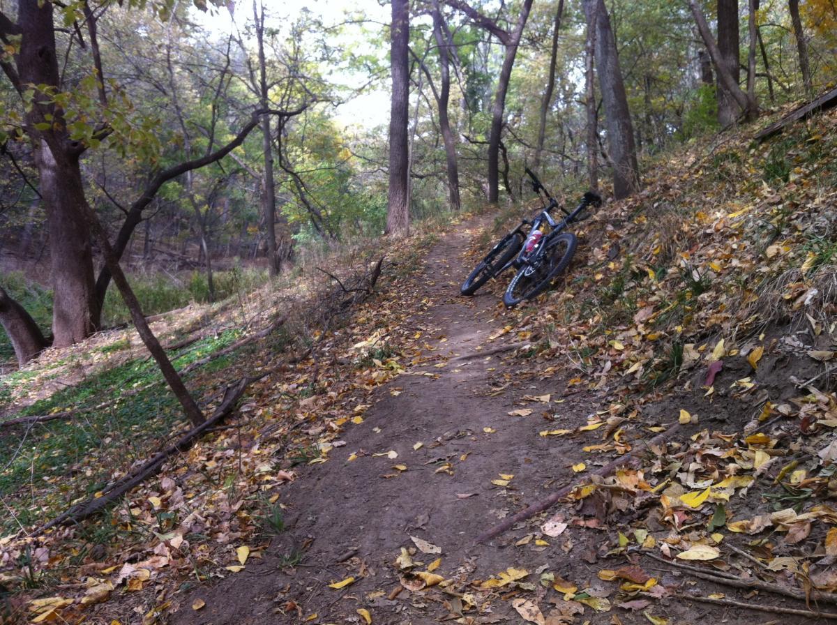 A dirt path winding through a forest with trees and scattered autumn leaves, where two bicycles are parked on the side. Jewel Park mountain bike trail.