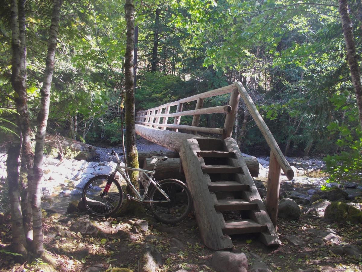 A wooden footbridge spanning a small stream amidst a lush forest. A mountain bike is resting next to a tree on the left side of the image, with pebbles and rocks lining the water's edge. Sunlight filters through the trees, illuminating the scene with a warm glow. Mckenzie River Trail mountain bike trail.