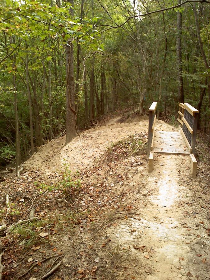 A winding dirt path through a wooded area, featuring a small wooden bridge. The trail is surrounded by lush green trees and scattered fallen leaves, creating a serene and natural atmosphere. Wannamaker Park mountain bike trail.