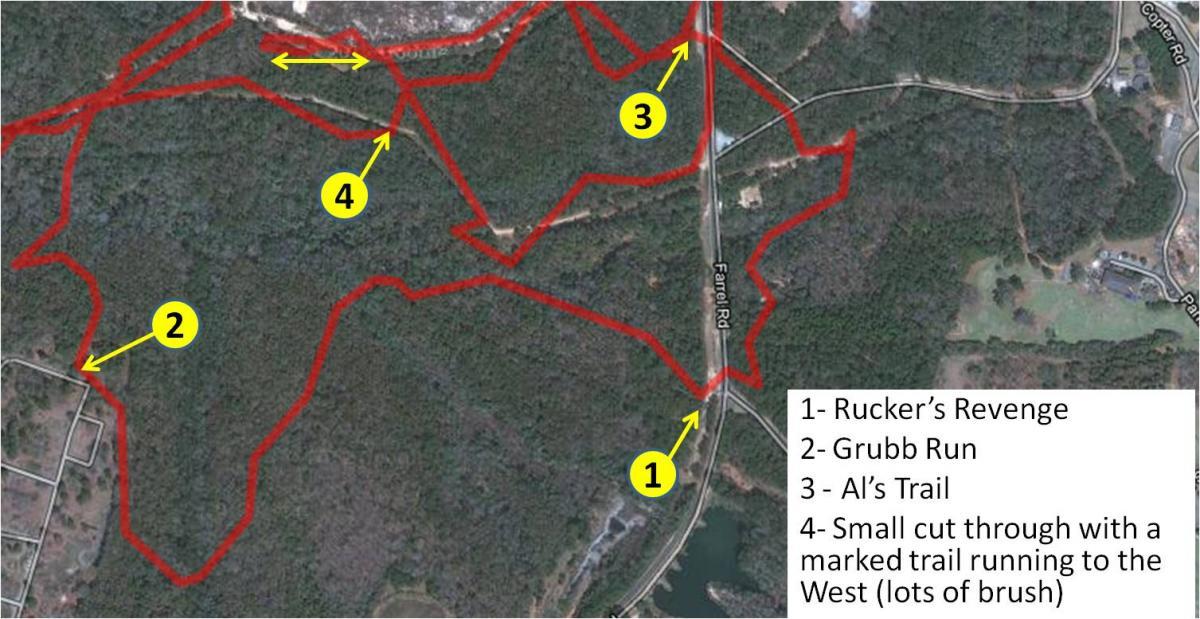 Aerial view of a wooded area with marked hiking trails in red. The map includes labels for four distinct trails: "Rucker's Revenge" (1), "Grubb Run" (2), "Al's Trail" (3), and a small cut-through trail (4). Key features include Farrell Road running alongside the trails and various natural landscapes. The area appears densely forested with some open spaces noted. Fort Rucker mountain bike trail.