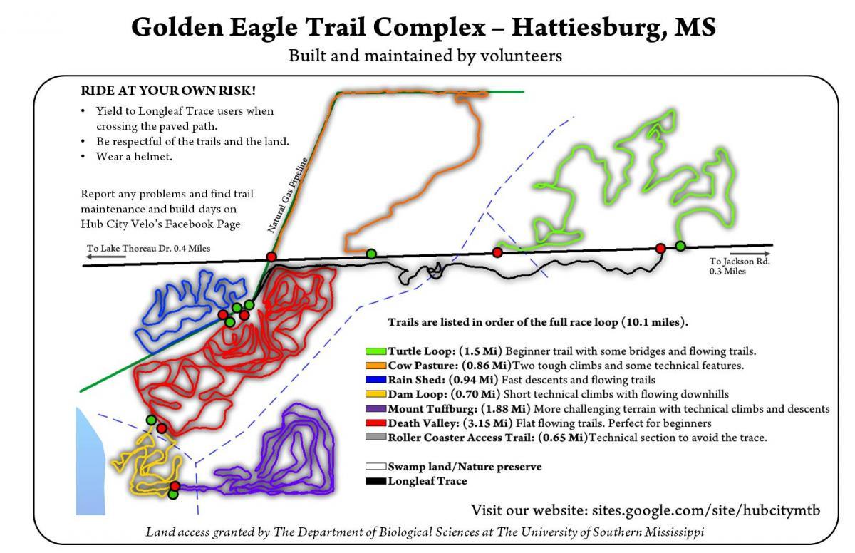 Map of the Golden Eagle Trail Complex in Hattiesburg, MS, showing various biking trails. The map labels the trails, including Turtle Loop, Cow Pasture, Rain Shed, and others, with details about their lengths and difficulty levels. It also includes safety guidelines and directions, along with markings for natural features and points of interest. Golden Eagle Trail Complex / Tuffburg / Longleaf Trace mountain bike trail.
