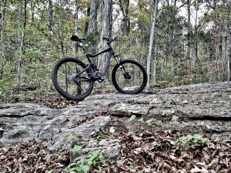 Alt tag: A black mountain bike stands on a large rock in a wooded area, surrounded by trees and fallen leaves, indicating a natural adventure setting. Hamilton Creek mountain bike trail.
