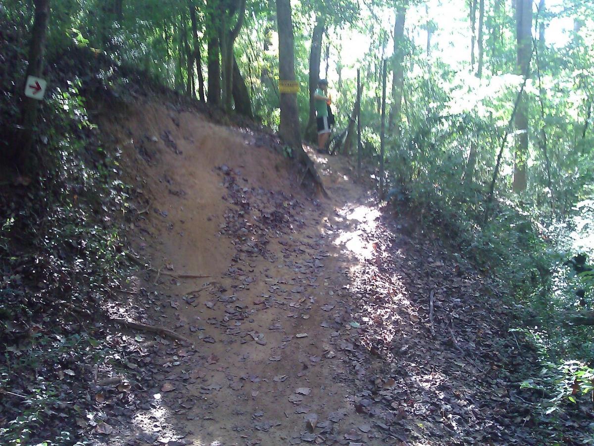 A dirt trail winding through a green forest, with sunlight filtering through the trees. The path is flanked by leaves and small rocks, and there is a directional sign on the left indicating a turn. In the background, a person is standing along the trail, surrounded by lush vegetation. USNWC mountain bike trail.