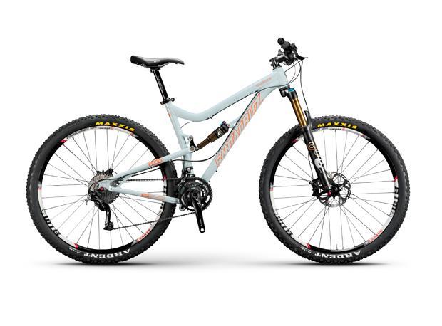 Santa Cruz Tallboy LT: A mountain bike with a light blue frame, designed for off-road cycling. It features wide tires with Maxxis branding, a sturdy suspension fork, and disc brakes for enhanced stopping power. The bike is positioned on a plain white background.