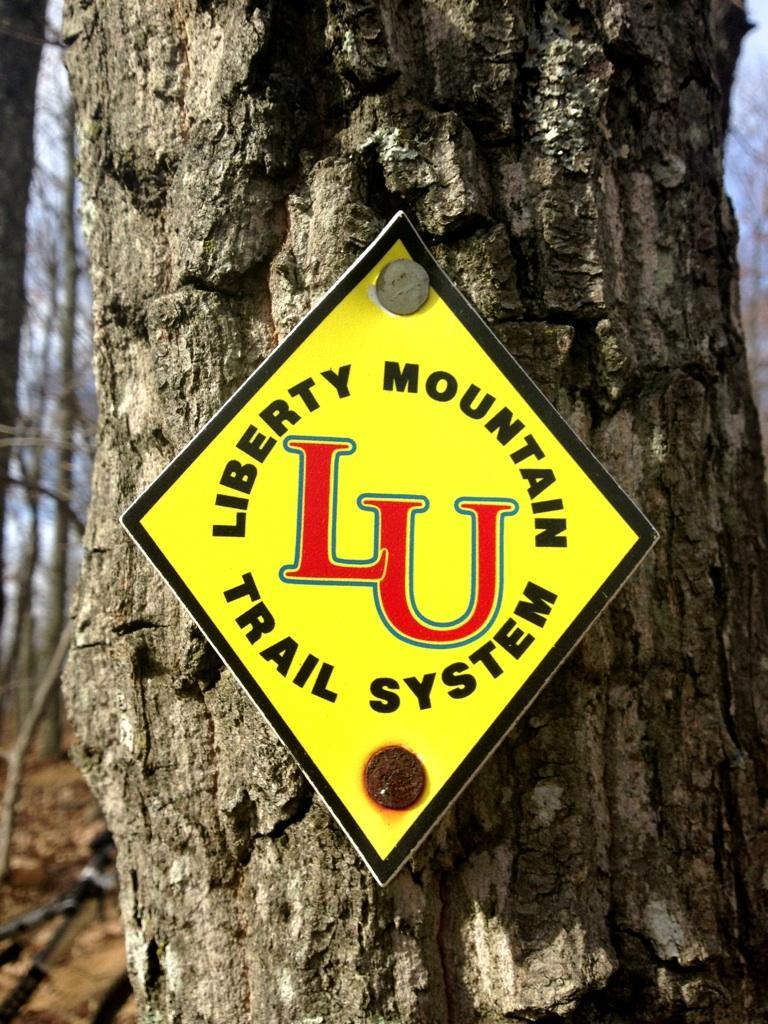 A bright yellow trail sign attached to a tree, indicating the Liberty Mountain Trail System, featuring the letters "LU" in red and green. Liberty Mountain mountain bike trail.