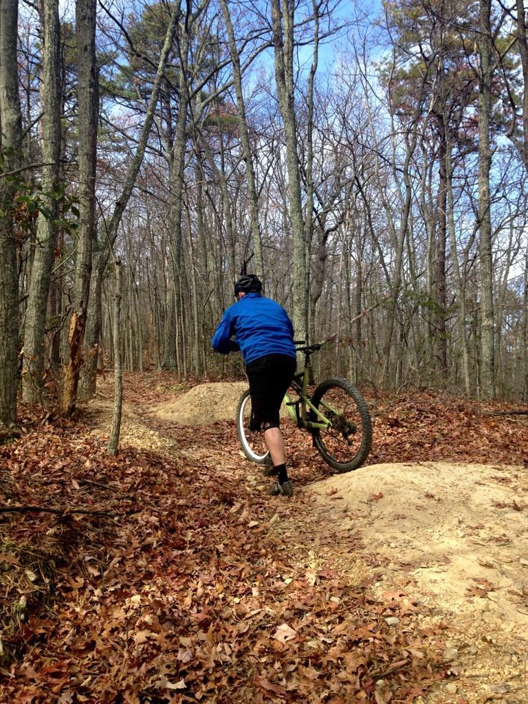 A cyclist riding a mountain bike on a dirt trail through a wooded area, surrounded by bare trees and fallen leaves. The rider is approaching a small hill or jump on the trail, wearing a blue jacket and a helmet. The sky is partly cloudy, indicating a sunny day. Carvin's Cove Trail system mountain bike trail.