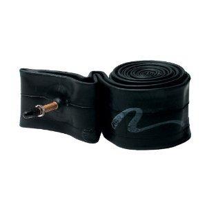 Nashbar Presta MTB Tube: A rolled black rubber bicycle inner tube, featuring a valve stem for inflation.