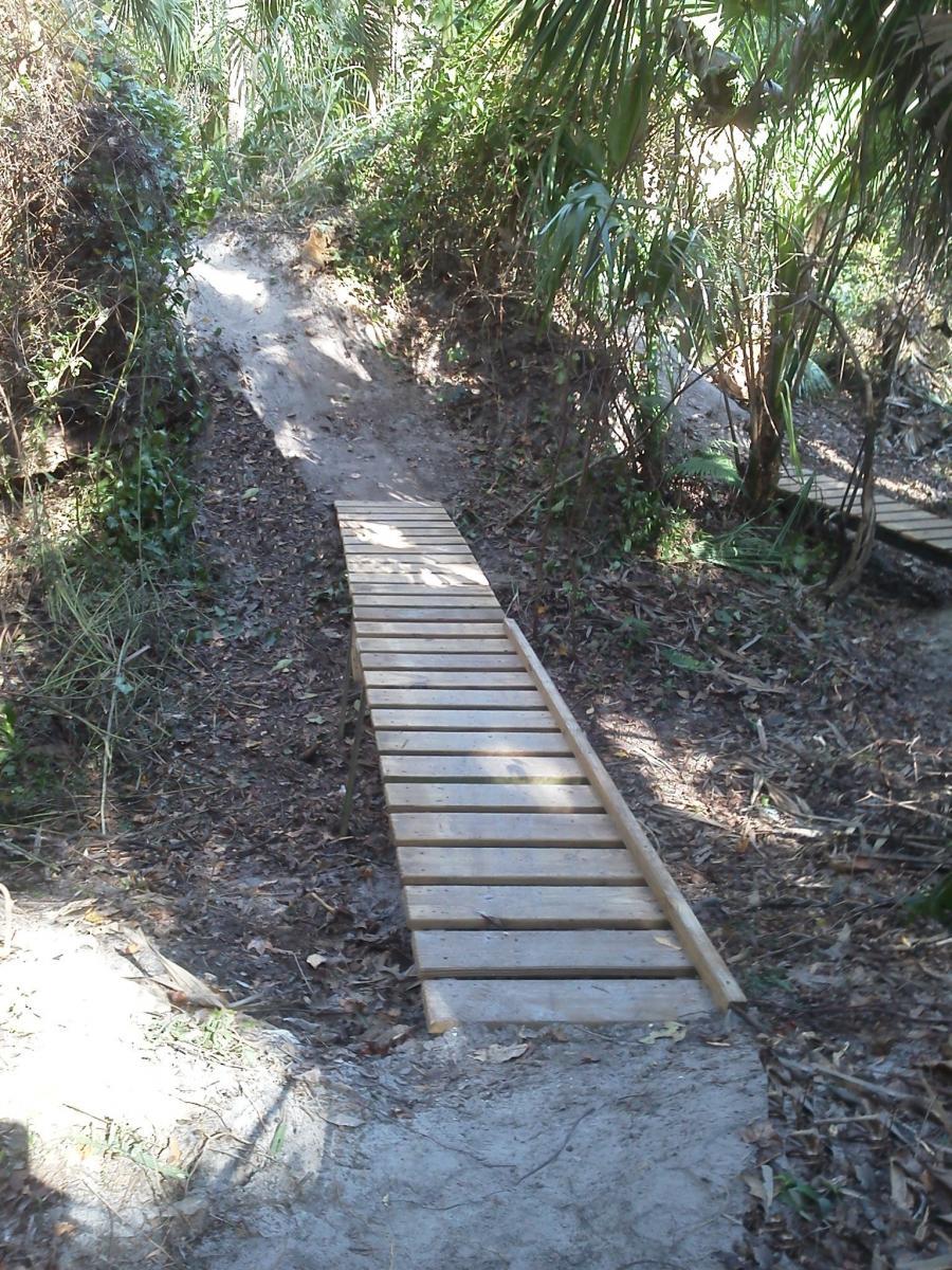 A narrow wooden ramp leads through a natural path surrounded by dense greenery and low shrubs. The ramp is positioned on a slope, providing access over uneven terrain in a forested area. Chuck Lennon Park mountain bike trail.
