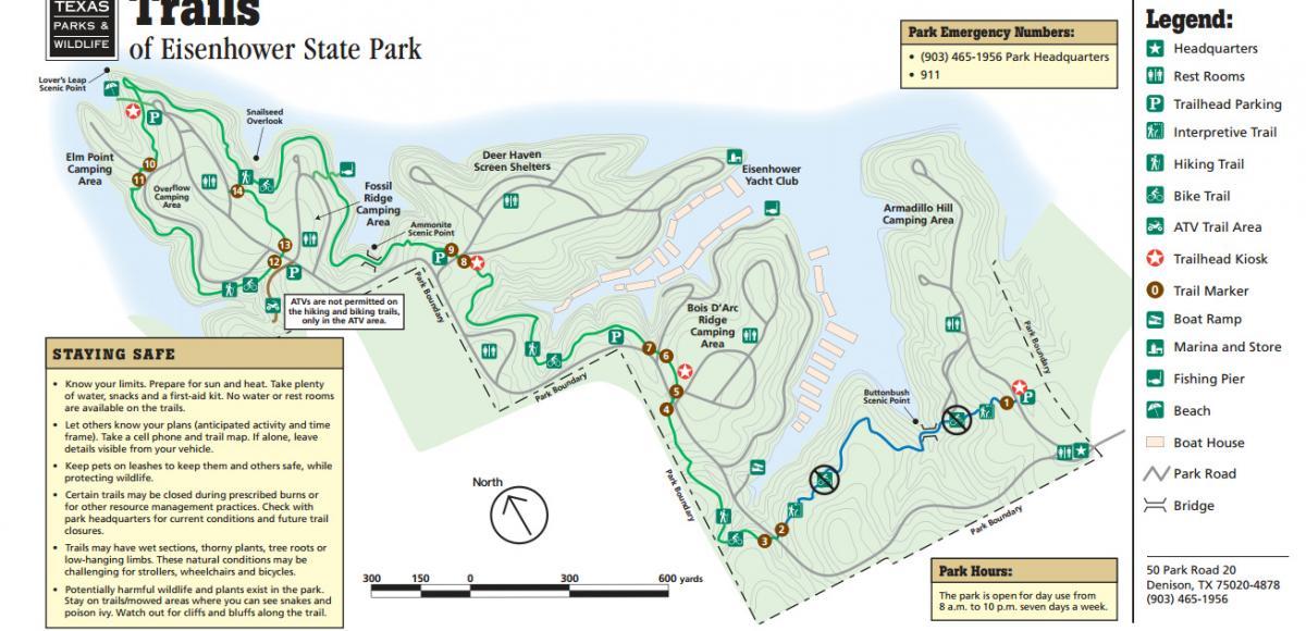 Map of the trails at Eisenhower State Park, showcasing hiking paths, camping areas, scenic points, and key facilities. The map includes a legend for amenities like restrooms, parking, and emergency contact information, along with safety guidelines for visitors. North is indicated on the map, and various trails are marked for hiking, biking, and ATV use. Eisenhower State Park mountain bike trail.