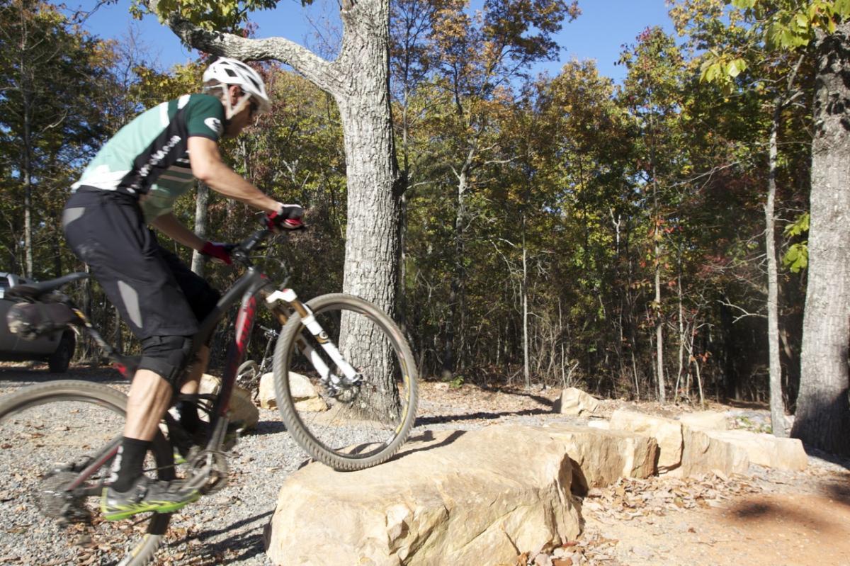 Santa Cruz Tallboy Carbon: A mountain biker navigating over a large rock obstacle on a forest trail, surrounded by autumn foliage and trees.