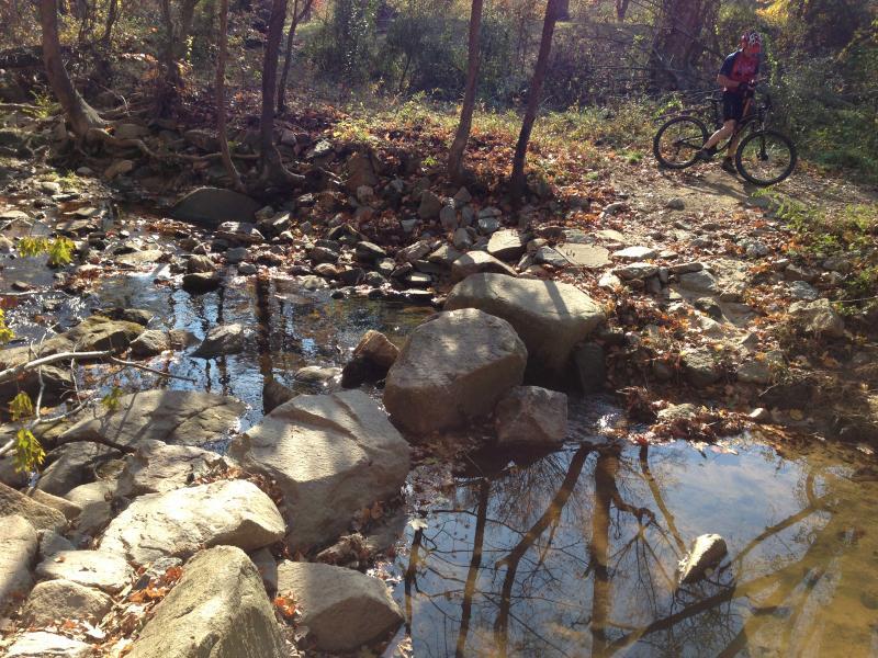 A serene image of a tranquil stream surrounded by rocks and autumn foliage, with a mountain biker standing nearby on a dirt path. The sunlight reflects off the water, creating a peaceful outdoor scene. Laurel Hill Park mountain bike trail.