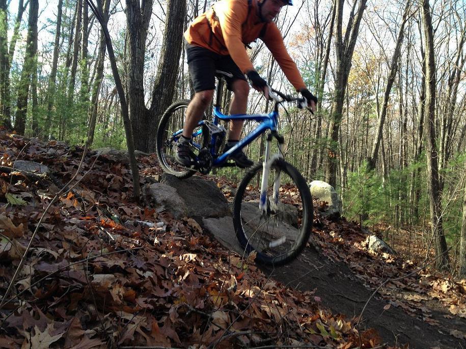 A cyclist in an orange jacket rides a blue mountain bike over a rocky path in a wooded area filled with autumn leaves. Russell Mill mountain bike trail.