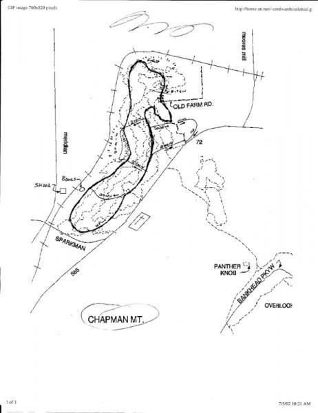 A simple black and white topographic map showing the outline of Chapman Mountain, with labeled features including Old Farm Road, Sparkman, and nearby trails. The map includes geographical markers and an overall layout of the area. Colonial Hills (Chapman Mt.) mountain bike trail.