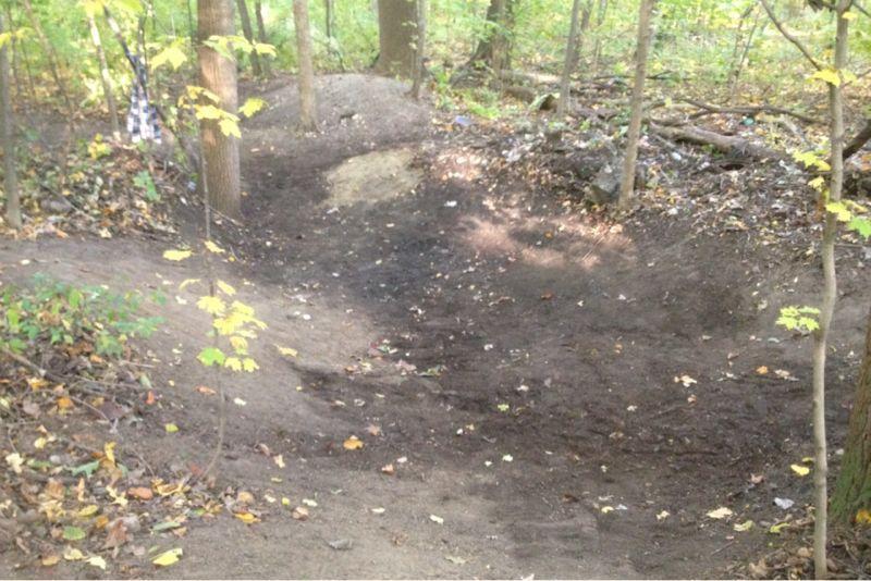 A dirt track with mounds and dips, surrounded by trees with green and yellow leaves, in a forested area. The ground is mostly bare with some scattered leaves and debris. Taylor trails mountain bike trail.
