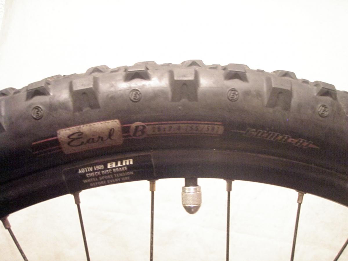 Bontrager Big Earl Folding: Close-up of a mountain bike tire showing the tread pattern and sidewall markings, including the name "Earl" and various symbols. The tire is mounted on a wheel with a valve stem visible and a label indicating disc brake specifications.