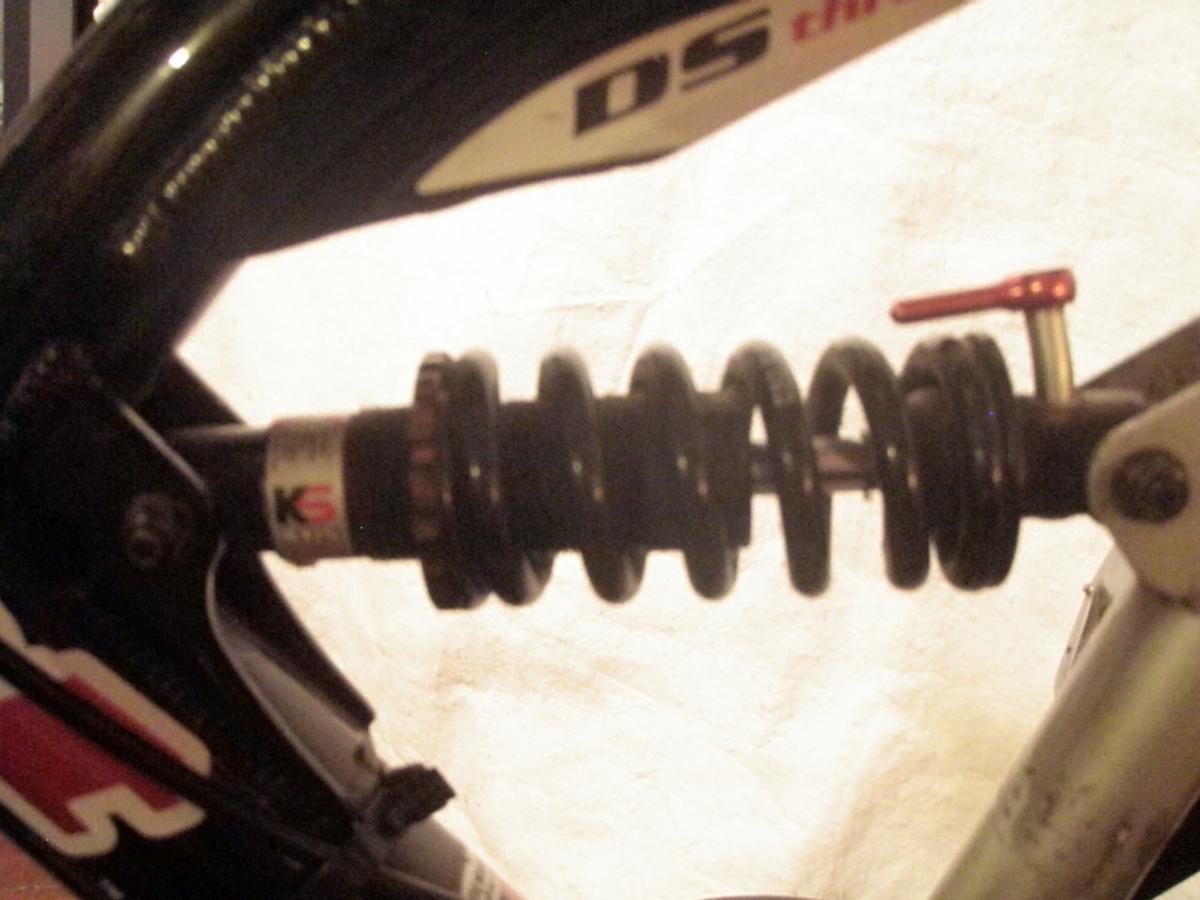 Giant Warp DS3: Close-up image of a bicycle rear shock absorber featuring a black coil spring, an adjustable knob, and branding on the shock body.