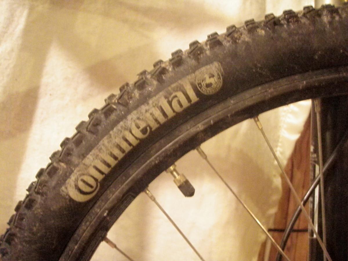 Continental Mountain King II: A close-up image of a bicycle tire, showing the tread pattern and the "Continental" brand logo printed on the sidewall. The tire appears slightly dirty, indicating previous use, and is mounted on a bicycle wheel.