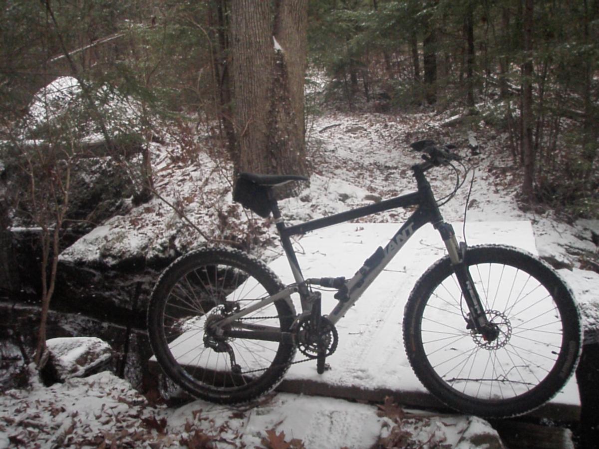 Giant Anthem 2: Mountain bike resting on a wooden bridge in a snowy forest setting, surrounded by trees and rocks. Snow is visible on the ground and bike, creating a tranquil winter atmosphere.