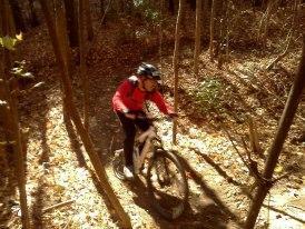 A person riding a mountain bike on a forest trail, surrounded by trees with fallen leaves on the ground, wearing a helmet and a red long-sleeve shirt. Horry County Bike Run Park mountain bike trail.
