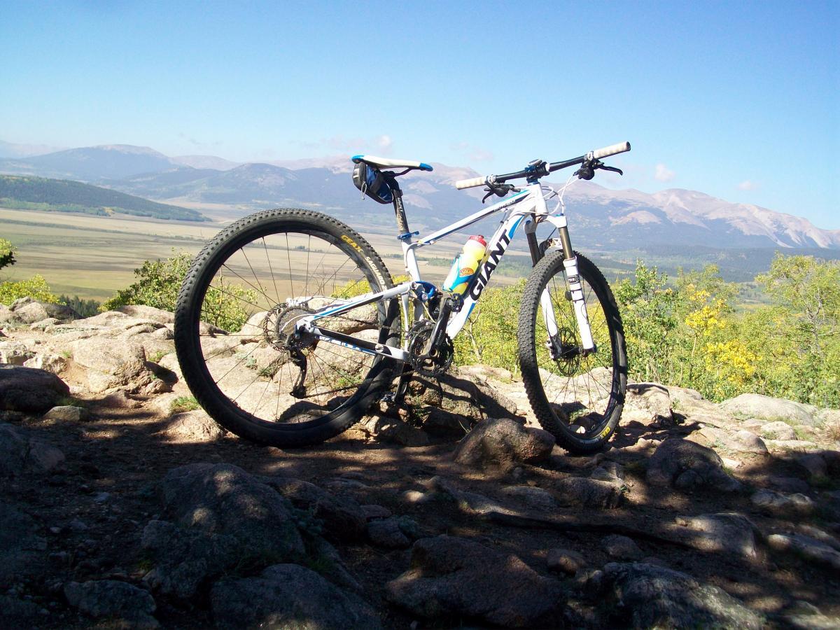 Giant Anthem X 29er 3: A mountain bike leaning against rocks, set against a scenic backdrop of mountains and a valley under a clear blue sky. The bike is white with colorful accents and features thick tires, illustrating its suitability for rugged terrain.
