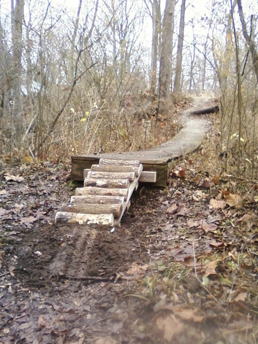 A wooden bike ramp built from logs, leading up a dirt path in a wooded area. Surrounding the ramp are fallen leaves and sparse vegetation, with trees in the background. The scene is set in a natural outdoor environment, indicative of a trail suited for biking or hiking. Goshen mountain bike trail.
